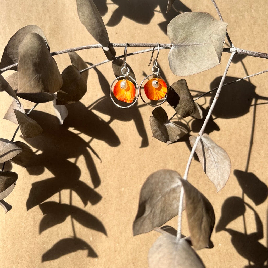 Lola Grant Jewellery - Miniature Orange rose hoops and keshi pearls real silver